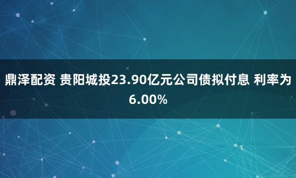 鼎泽配资 贵阳城投23.90亿元公司债拟付息 利率为6.00%